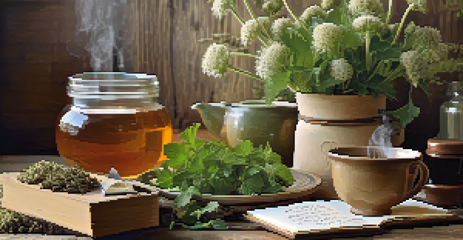 A rustic table with jars of dried herbs and a steaming cup of herbal tea, creating a cozy atmosphere.