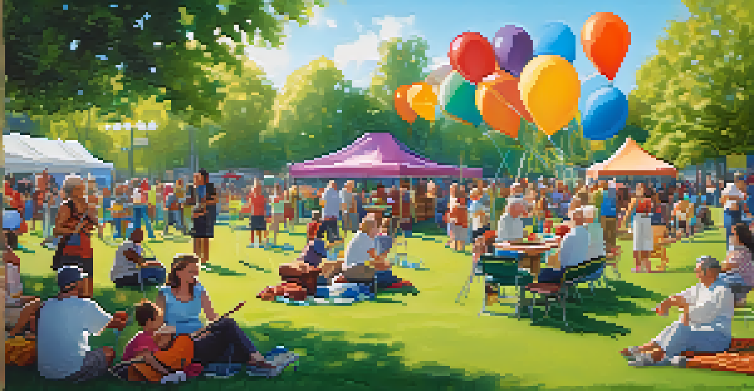 A lively community event in a park with people engaging in various activities, creating a sense of connection.