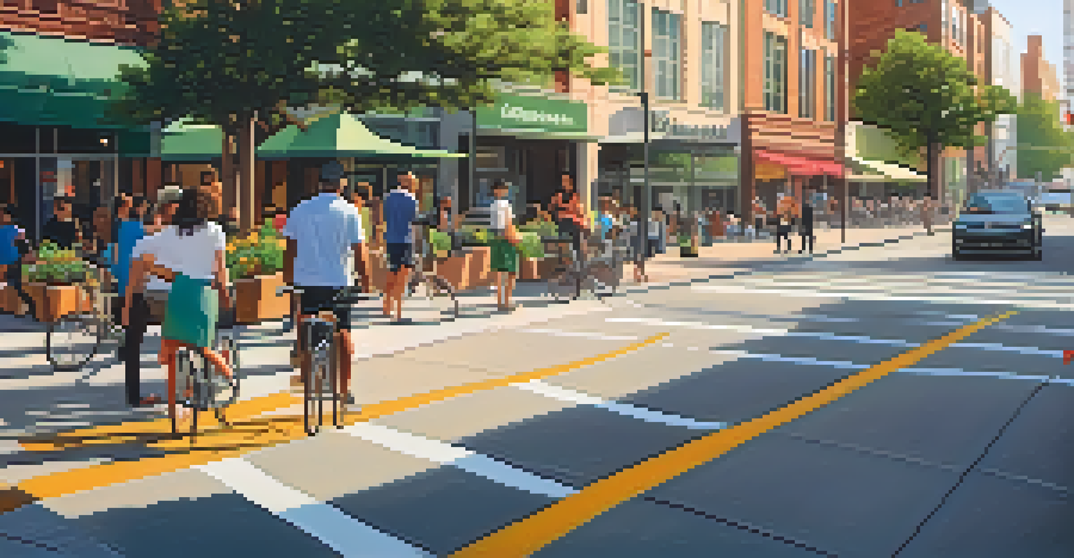 An urban street corner with pedestrians at a crosswalk and bicycle lanes visible.