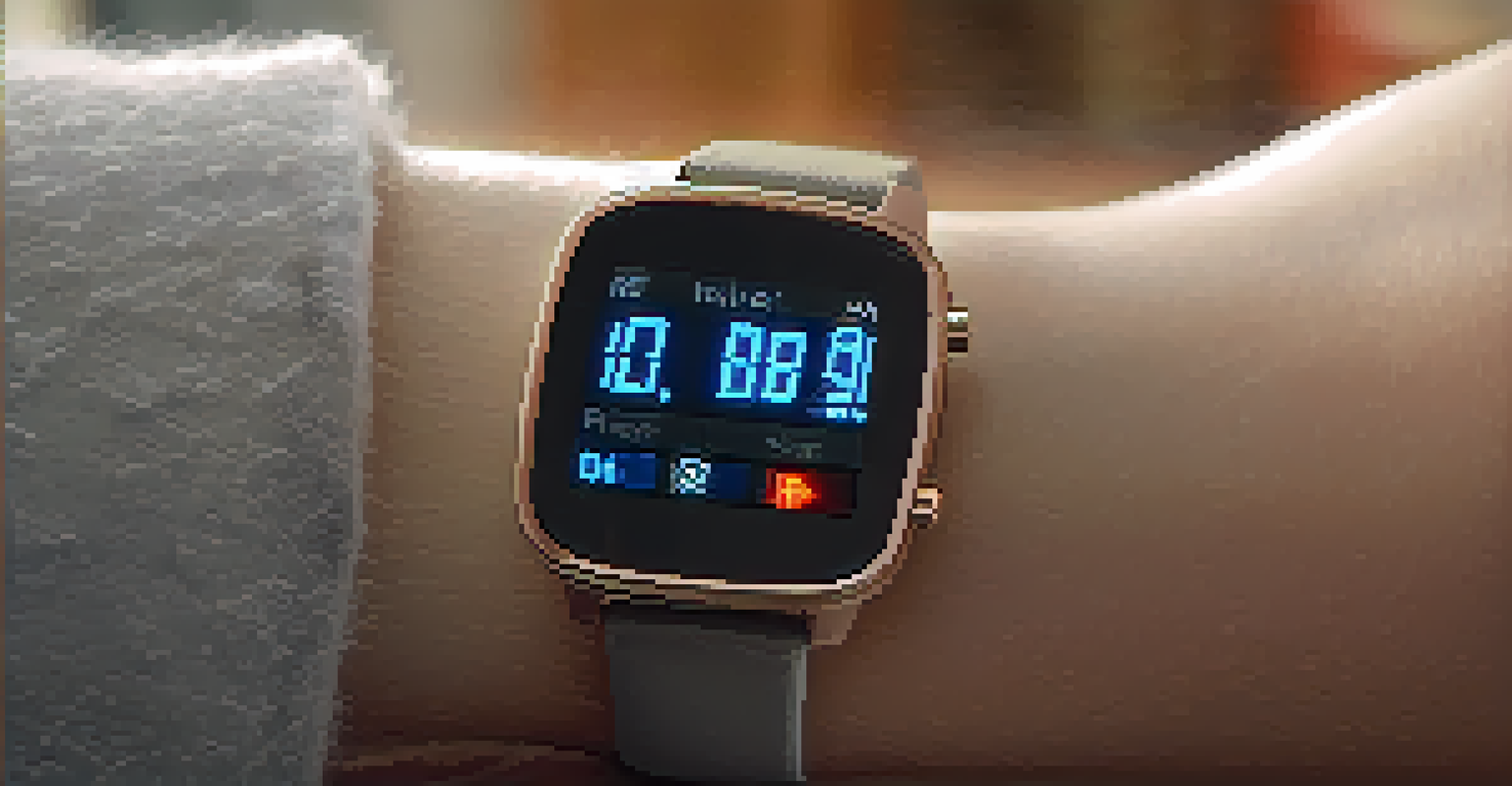 A close-up of a wearable health device showing vital signs on a patient's wrist.
