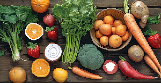 A flat lay of colorful fruits and vegetables including carrots, sweet potatoes, oranges, strawberries, and leafy greens on a wooden table, illuminated by soft natural light.