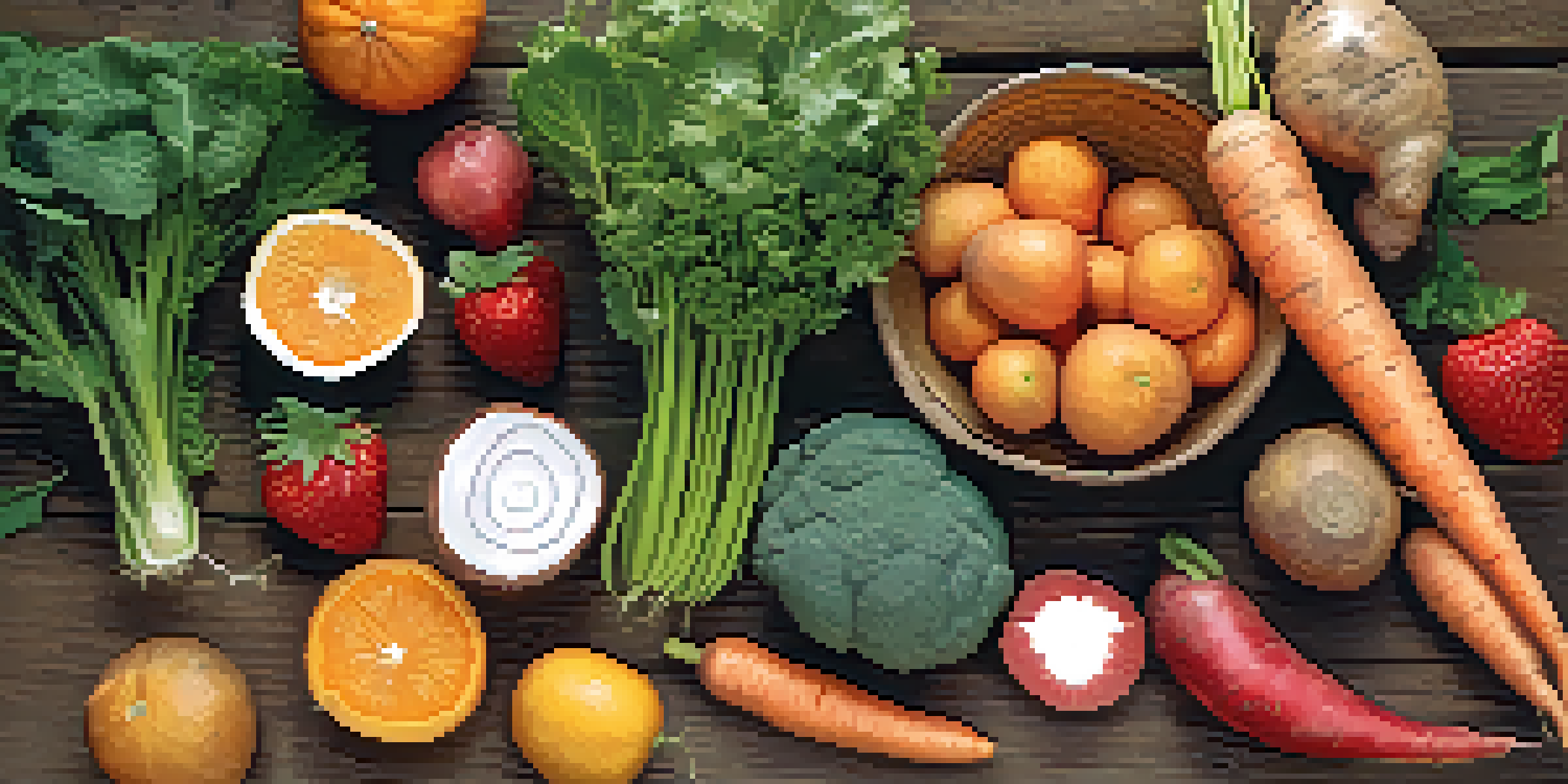 A flat lay of colorful fruits and vegetables including carrots, sweet potatoes, oranges, strawberries, and leafy greens on a wooden table, illuminated by soft natural light.