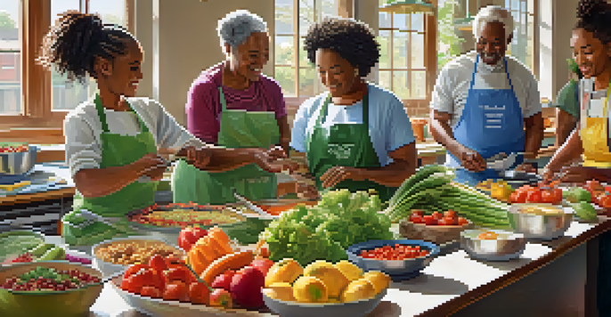 A community workshop where diverse individuals are cooking healthy meals together, surrounded by colorful fruits and vegetables in a bright, welcoming space.