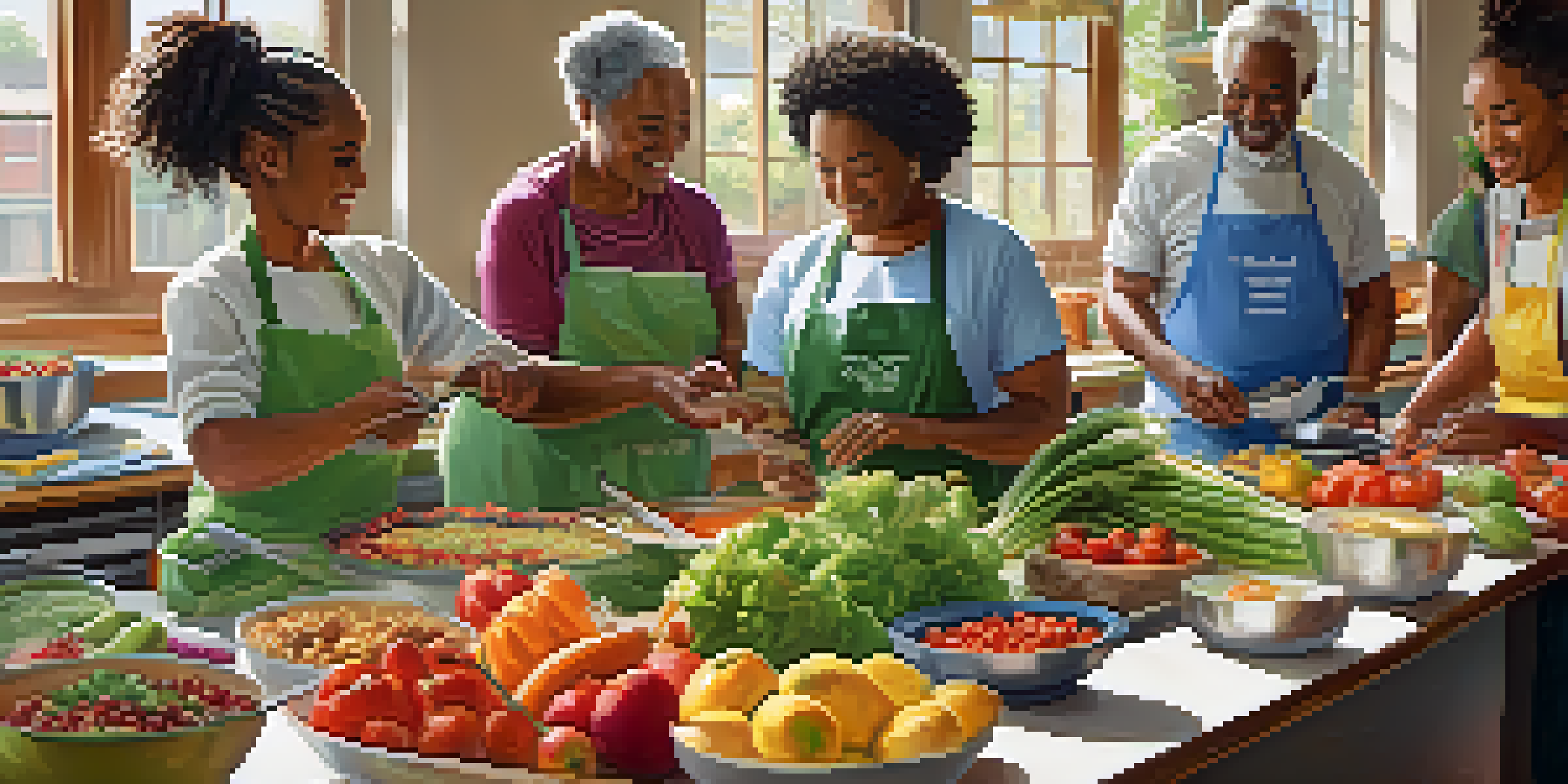 A community workshop where diverse individuals are cooking healthy meals together, surrounded by colorful fruits and vegetables in a bright, welcoming space.