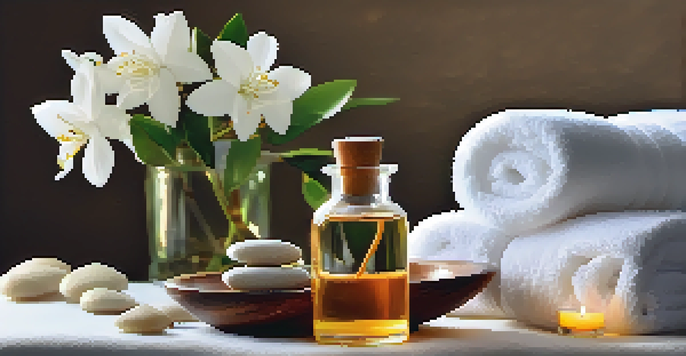 A spa tray with jasmine oil and flowers, with candles and soft textures creating a calming atmosphere.