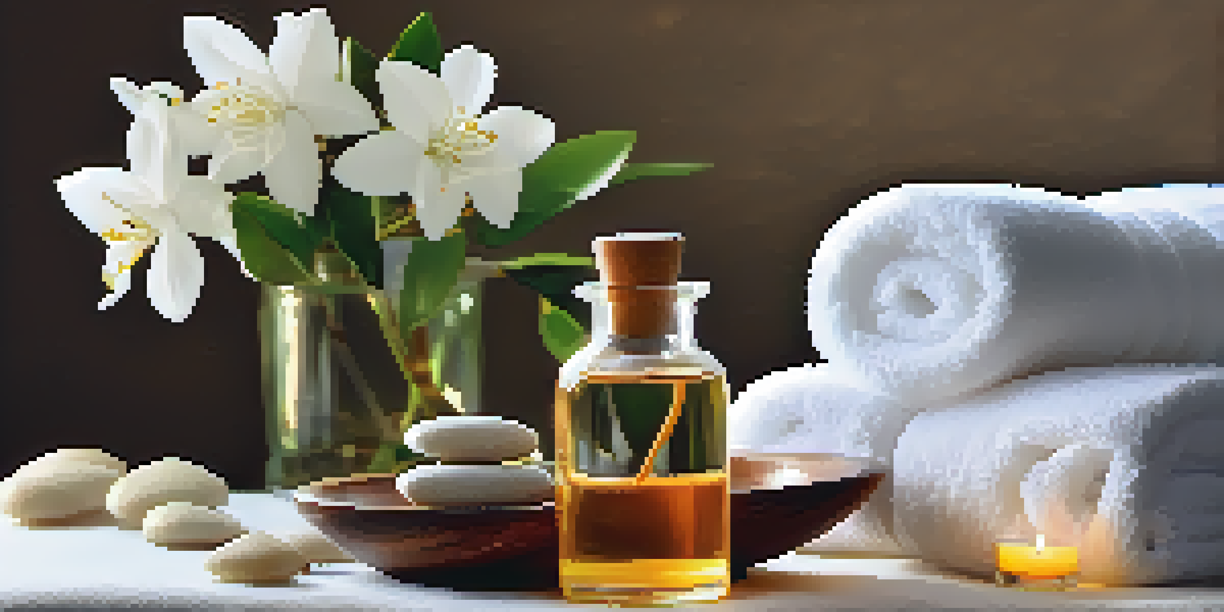 A spa tray with jasmine oil and flowers, with candles and soft textures creating a calming atmosphere.