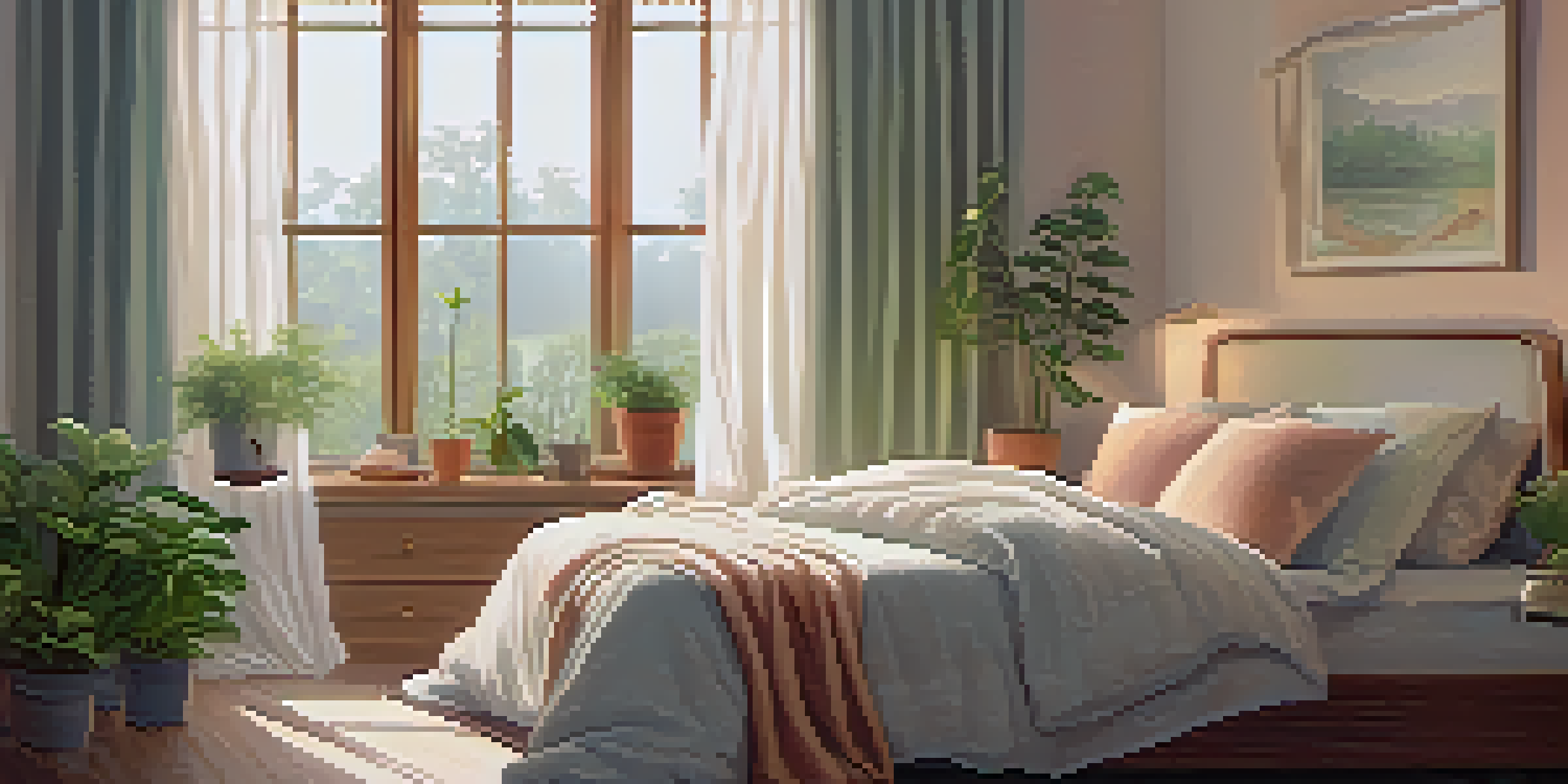 A peaceful bedroom with morning light shining through curtains, a made bed, and a bedside table with a clock and a plant.