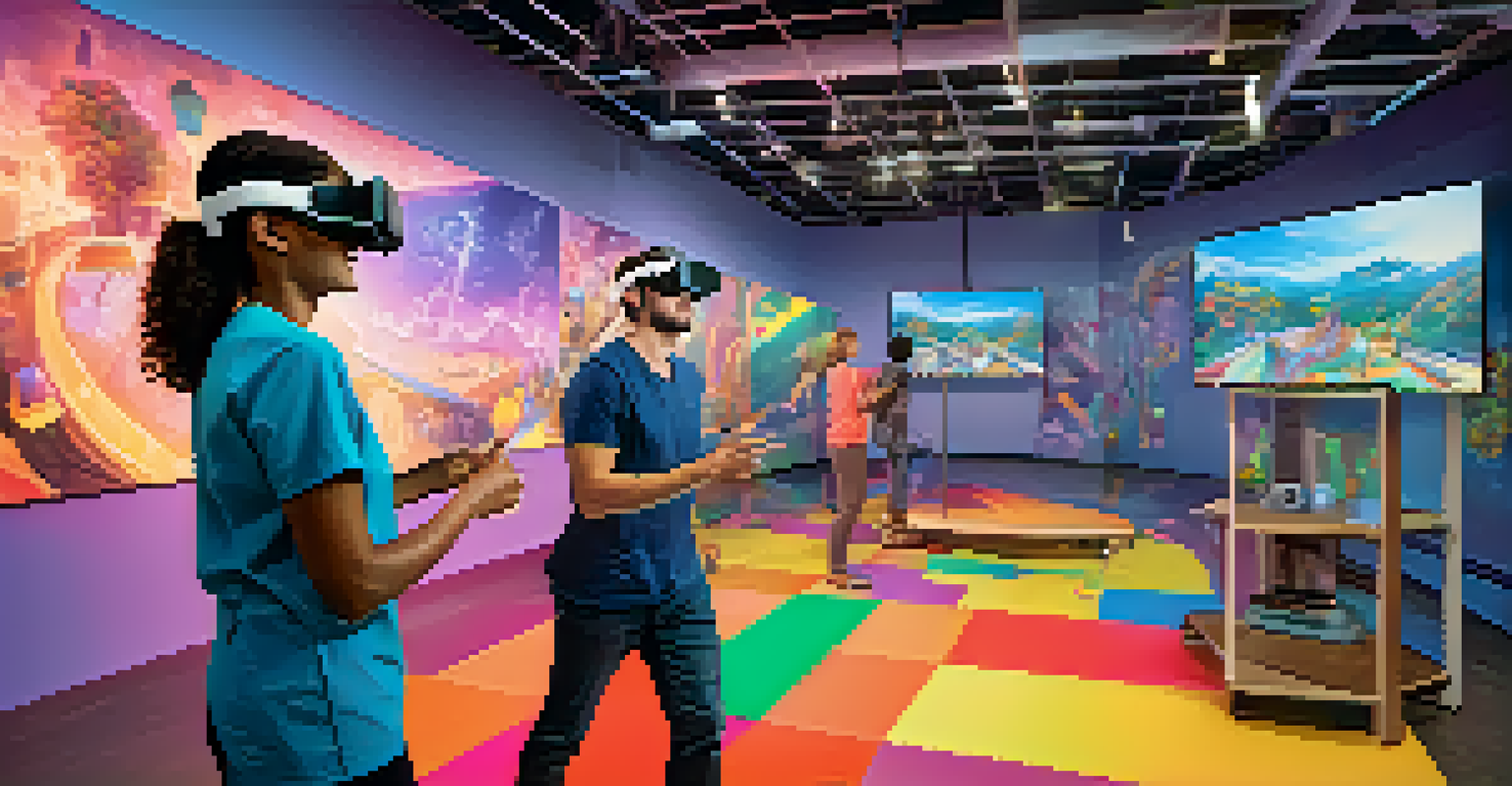 A patient in a VR headset playing a gamified rehabilitation game, navigating through a colorful obstacle course with a therapist observing.