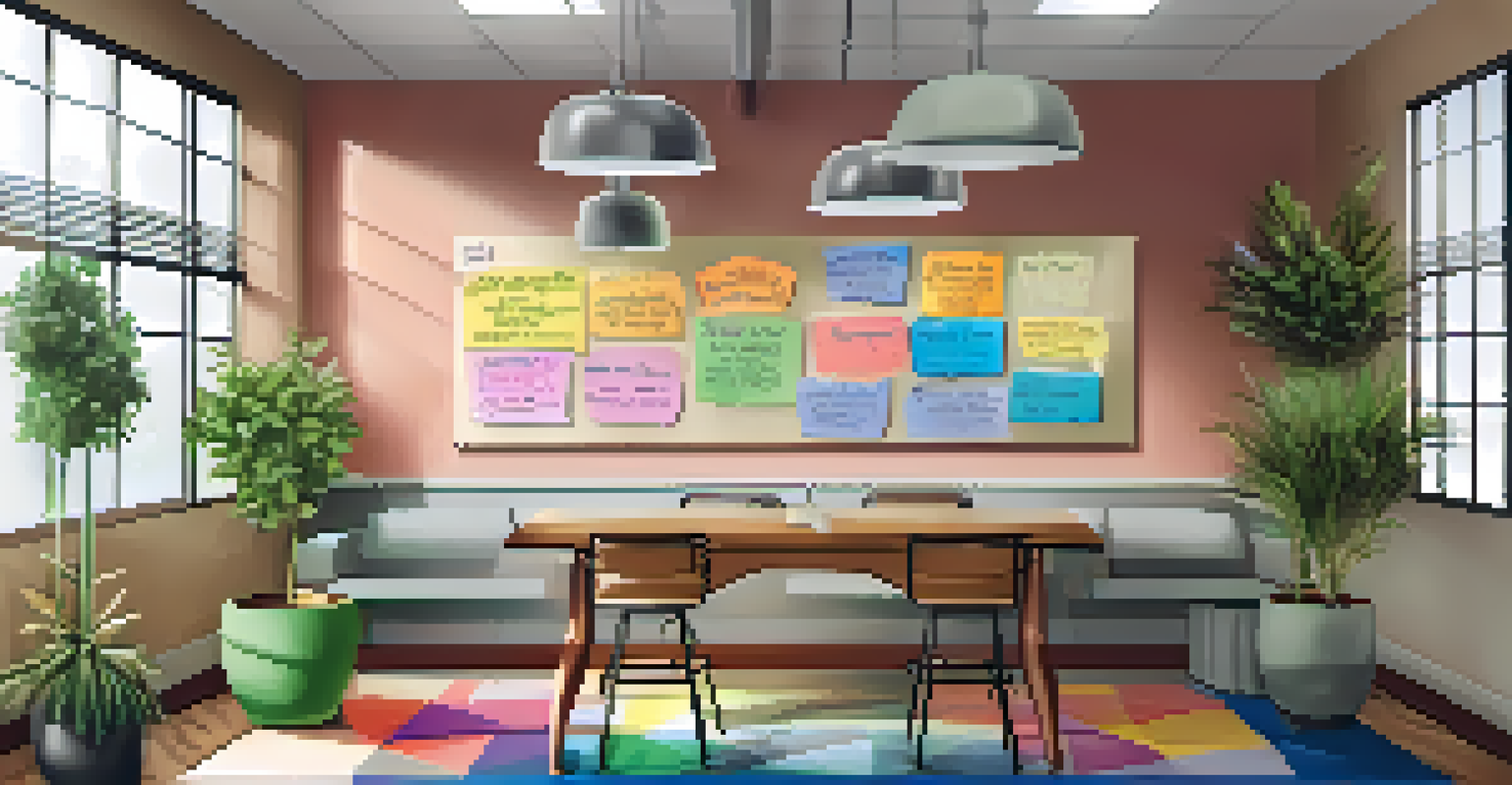 A cozy break room with a 'thank you' board covered in colorful notes of appreciation, surrounded by plants and comfortable seating, promoting a culture of kindness.
