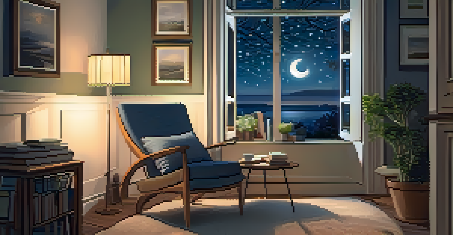 A peaceful room where a person reads a book in an armchair, illuminated by soft light, with a view of a starry night outside.