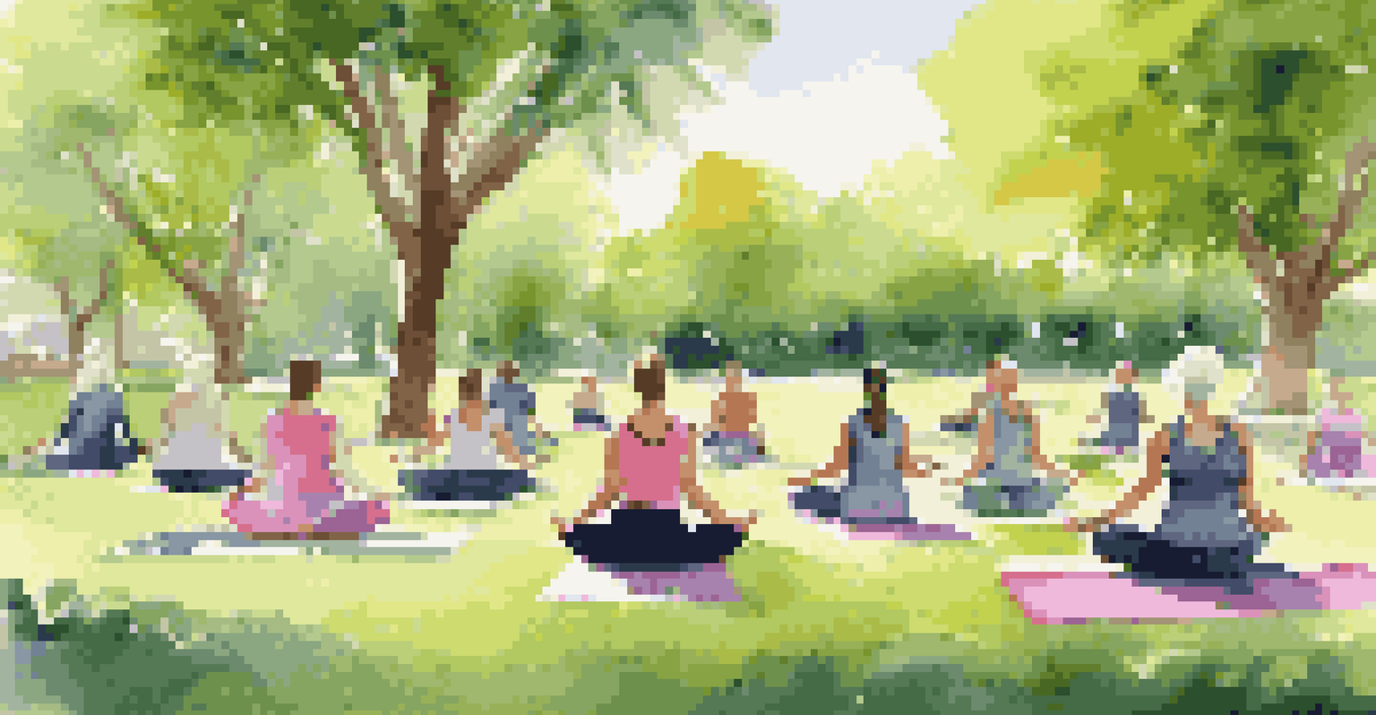 Women practicing yoga in a park during a wellness workshop focused on menopause.