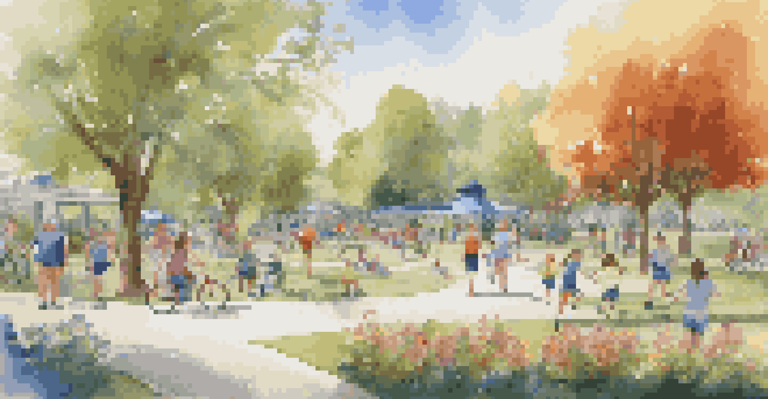 A lively community park with families, children playing, and friends jogging amidst greenery.