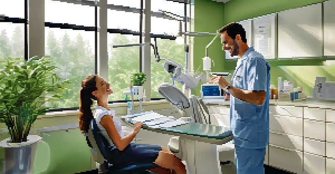 A dentist in a modern dental office talking to a relaxed patient, with natural light and green plants in the background.