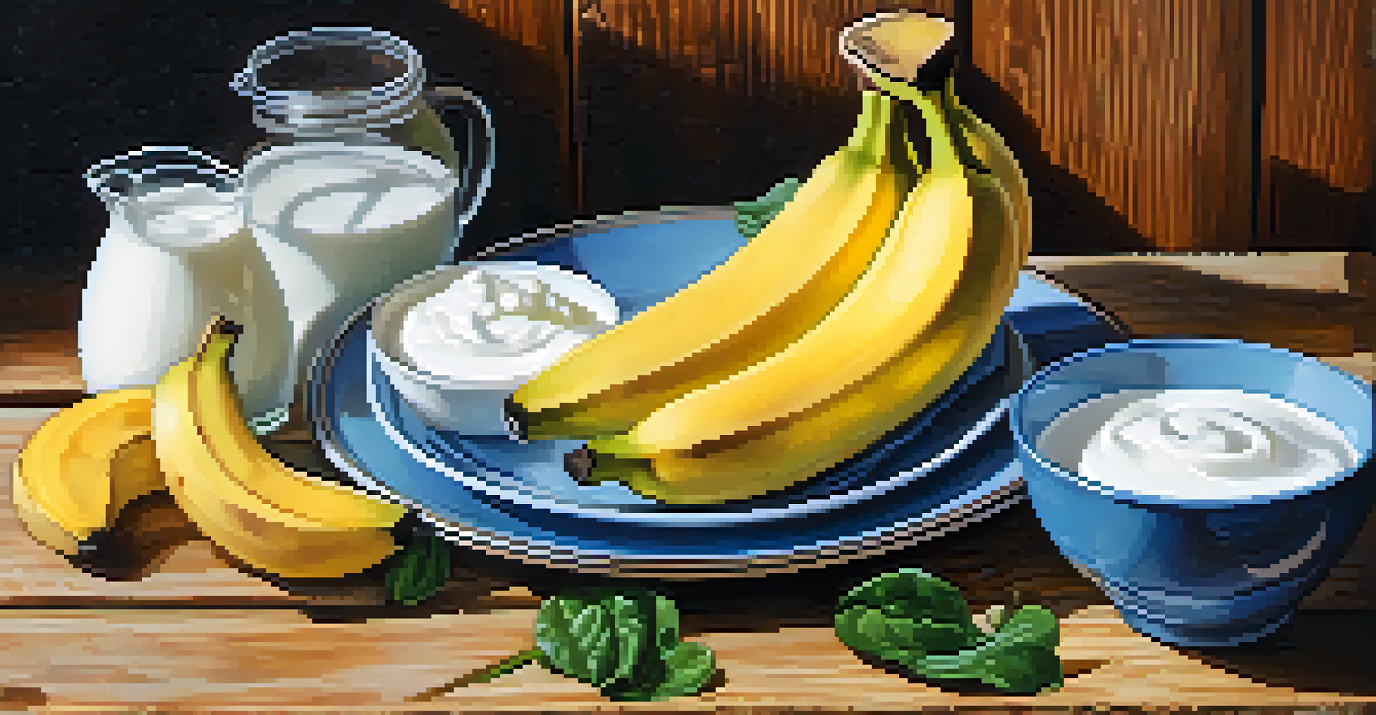 A close-up view of a plate with sliced bananas, yogurt, and fresh spinach, showcasing a colorful and nutritious meal rich in electrolytes.