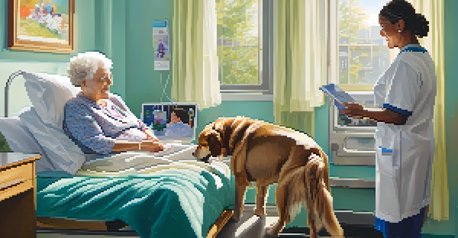 An elderly woman smiling while petting a therapy dog in a bright hospital room with colorful artwork.