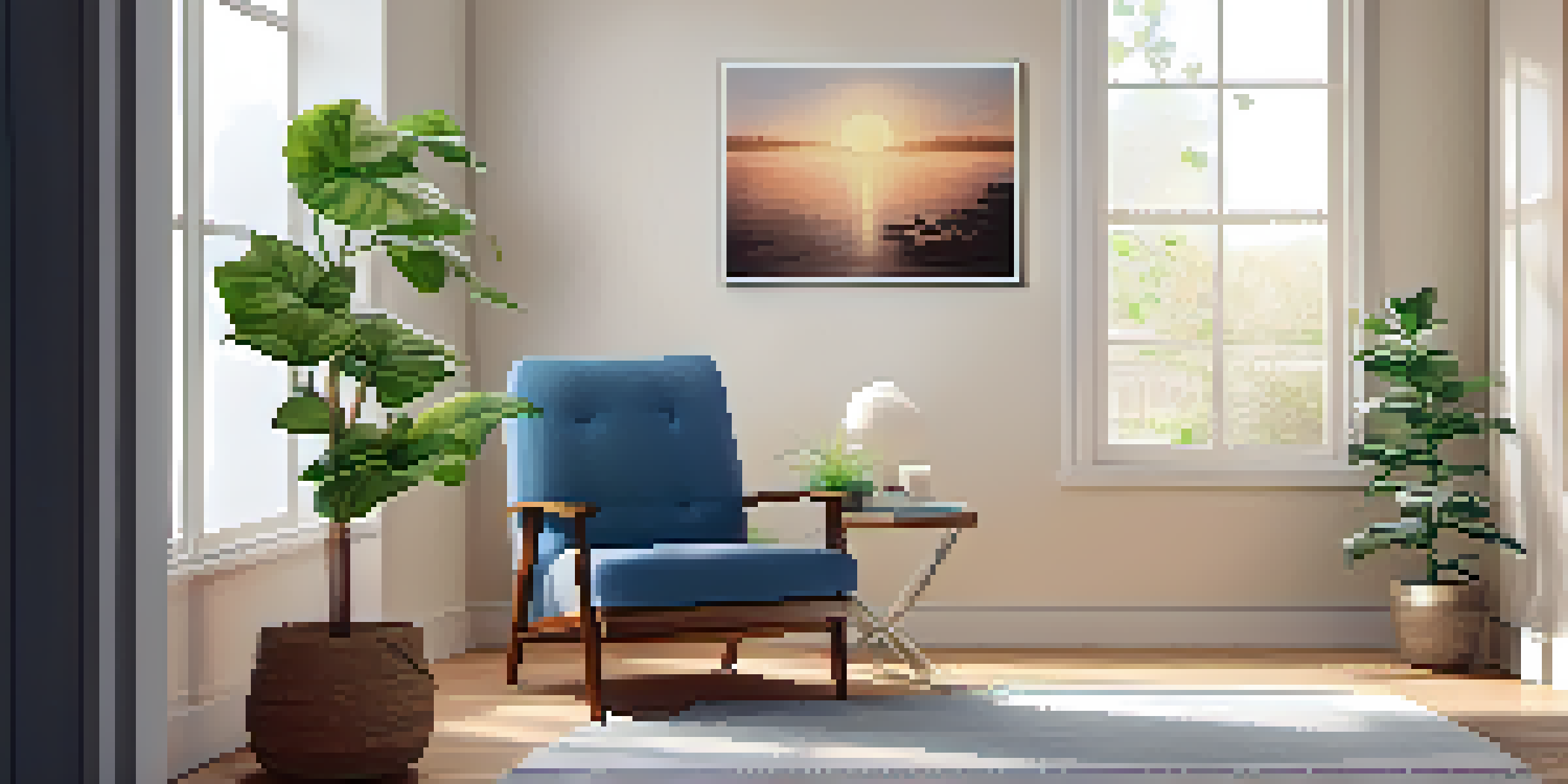 A calming therapy room with soft lighting, a cozy chair, a stress ball on a table, and a plant.