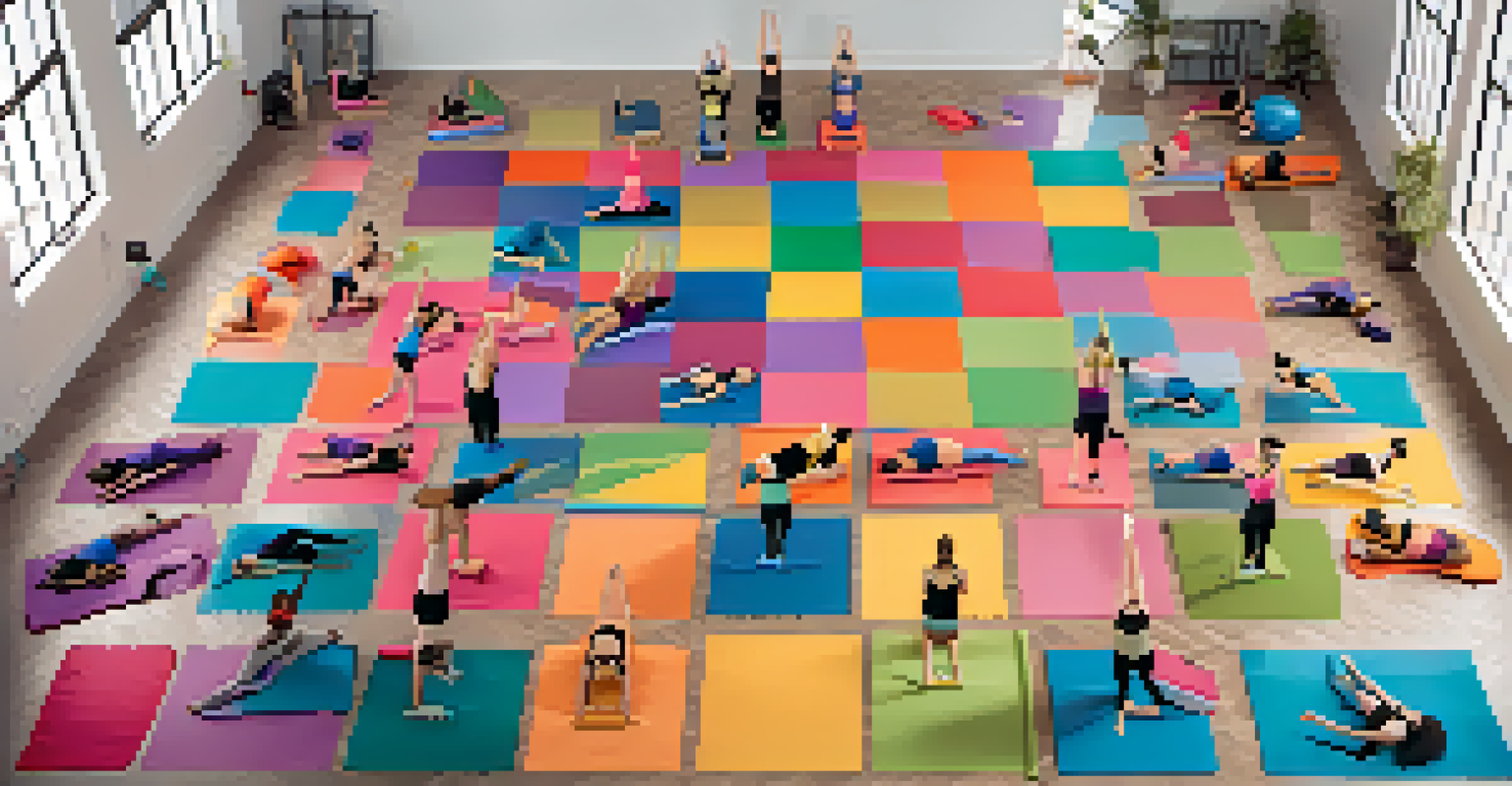 An overhead view of a Pilates class with participants on colorful mats, illuminated by natural light in a calm studio.