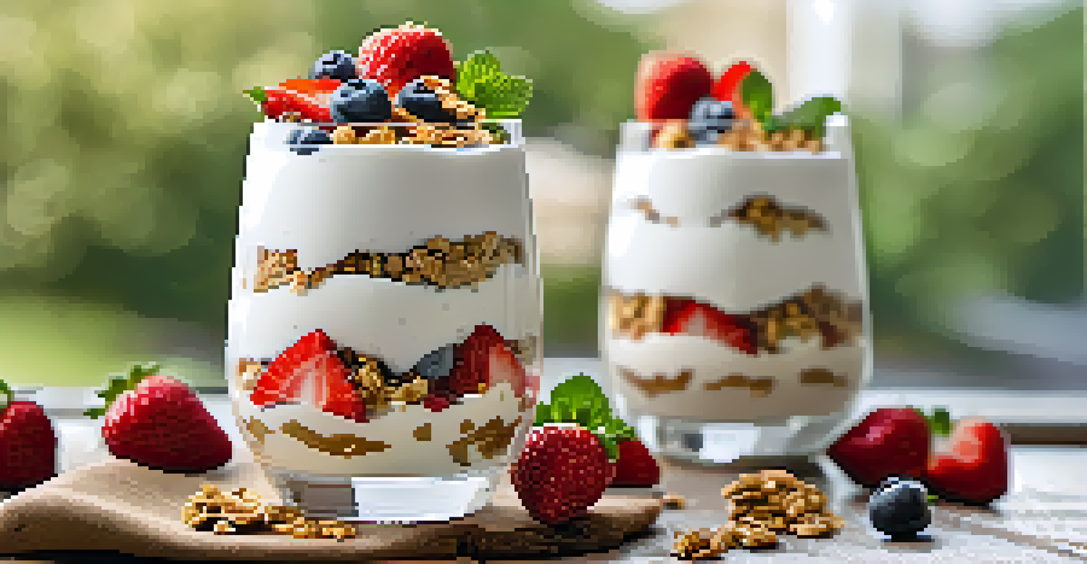 A layered yogurt parfait in a tall glass with strawberries and granola, garnished with a mint leaf, set on a rustic wooden table.