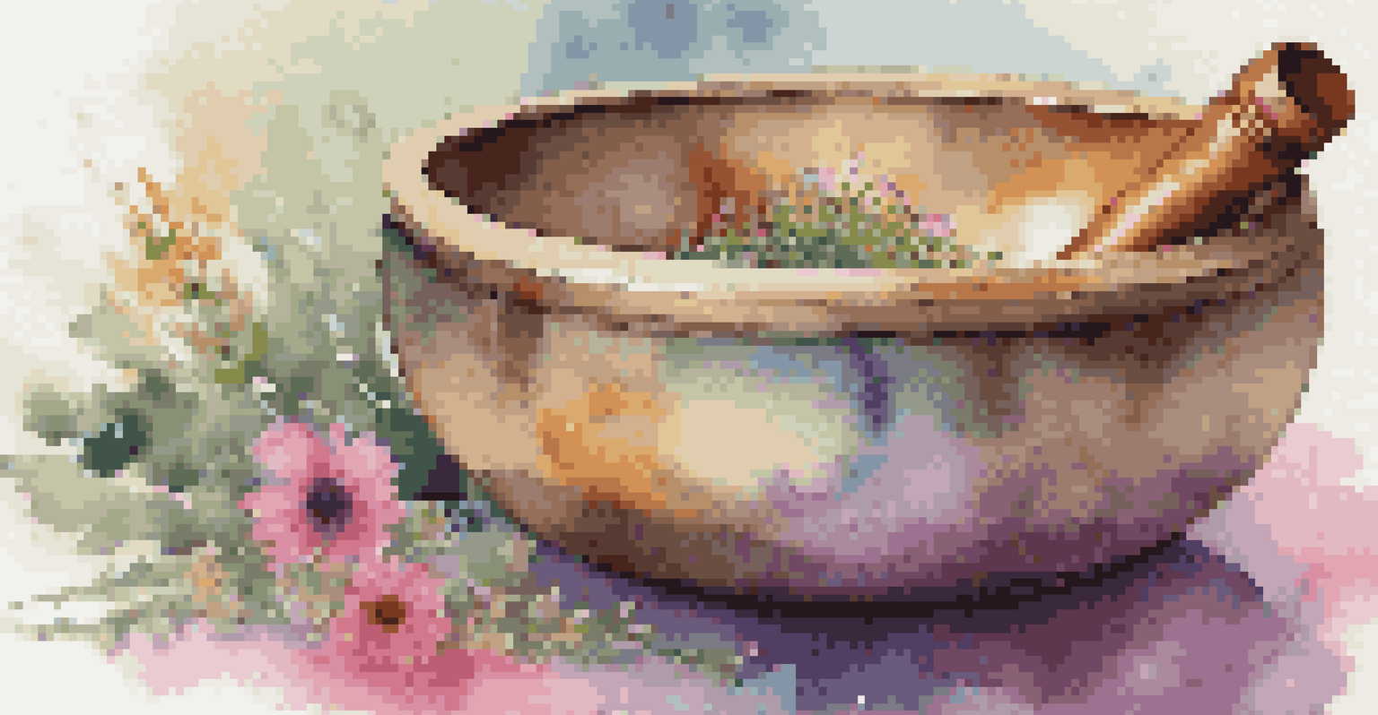 A close-up of a singing bowl filled with herbs and flowers, placed on textured fabric, with a mallet nearby, creating a tranquil atmosphere.