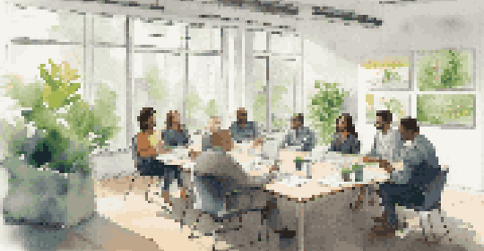 A diverse group of colleagues seated around a table in an office, engaging in active listening during a meeting with natural light coming through the windows.