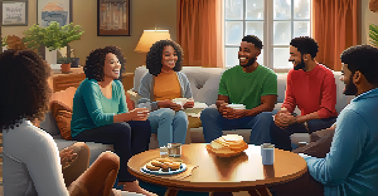 A support group meeting in a cozy living room, with individuals sharing and connecting.