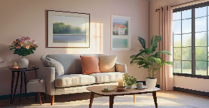 A cozy living room for seniors with an armchair, warm lighting, and family photographs on the walls.