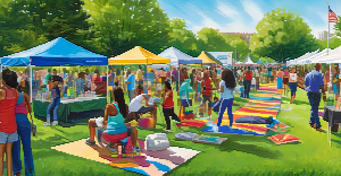 A lively community health fair in a sunny park with diverse individuals engaging in health screenings and yoga, surrounded by greenery.