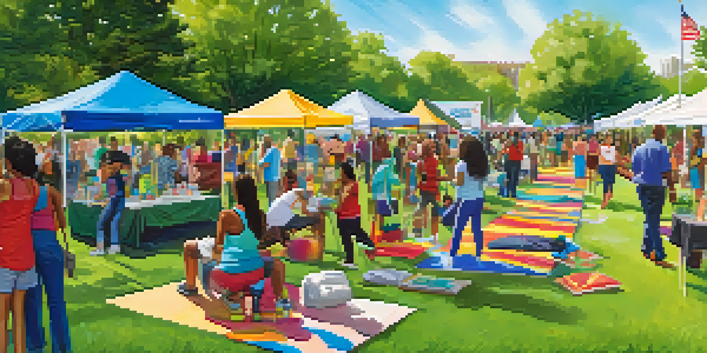 A lively community health fair in a sunny park with diverse individuals engaging in health screenings and yoga, surrounded by greenery.