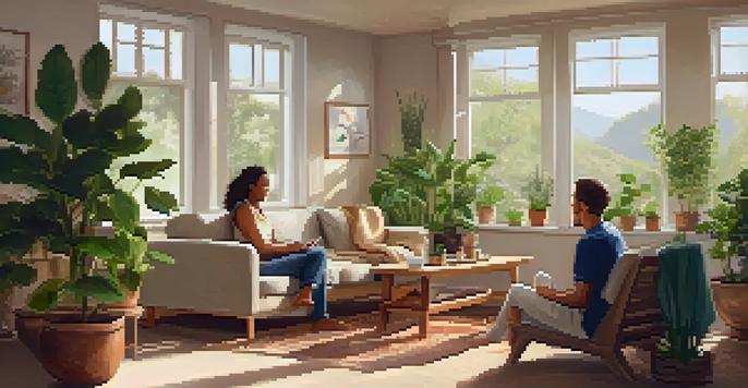 A wellness coach and a young man engaged in a supportive conversation in a cozy, sunlit room filled with plants.