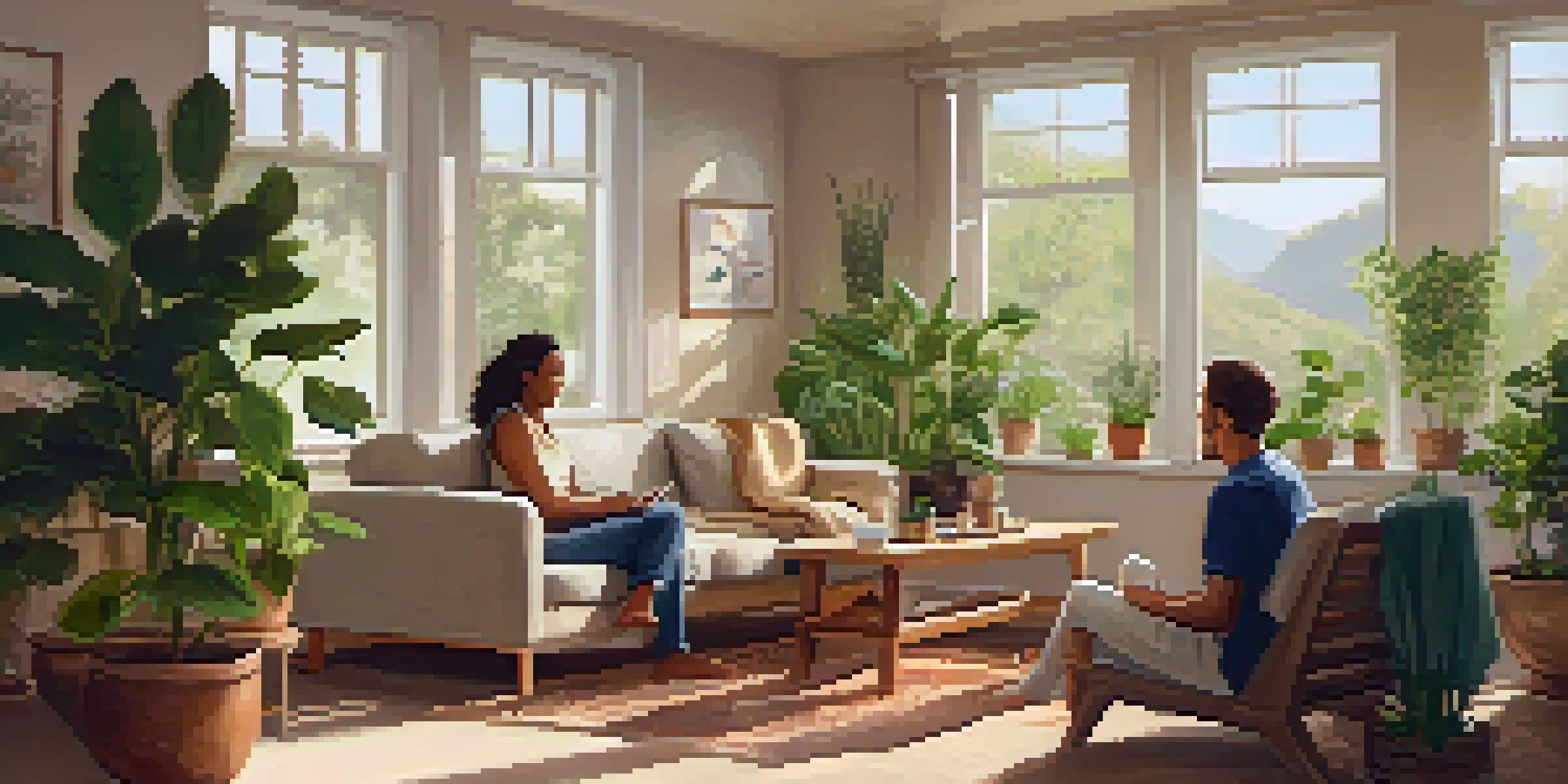 A wellness coach and a young man engaged in a supportive conversation in a cozy, sunlit room filled with plants.