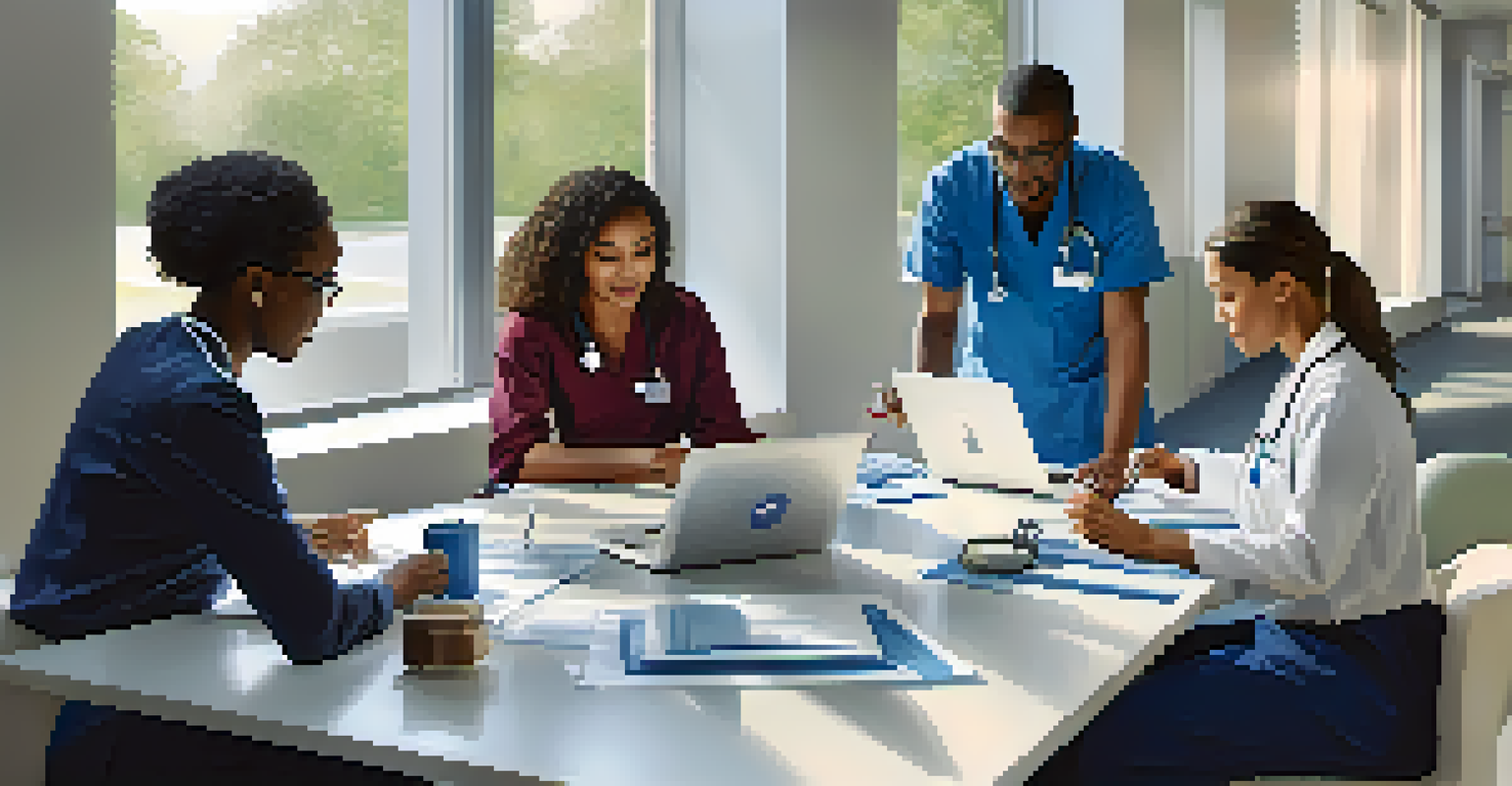 Diverse healthcare professionals collaborating on patient data at a conference table in a modern setting.