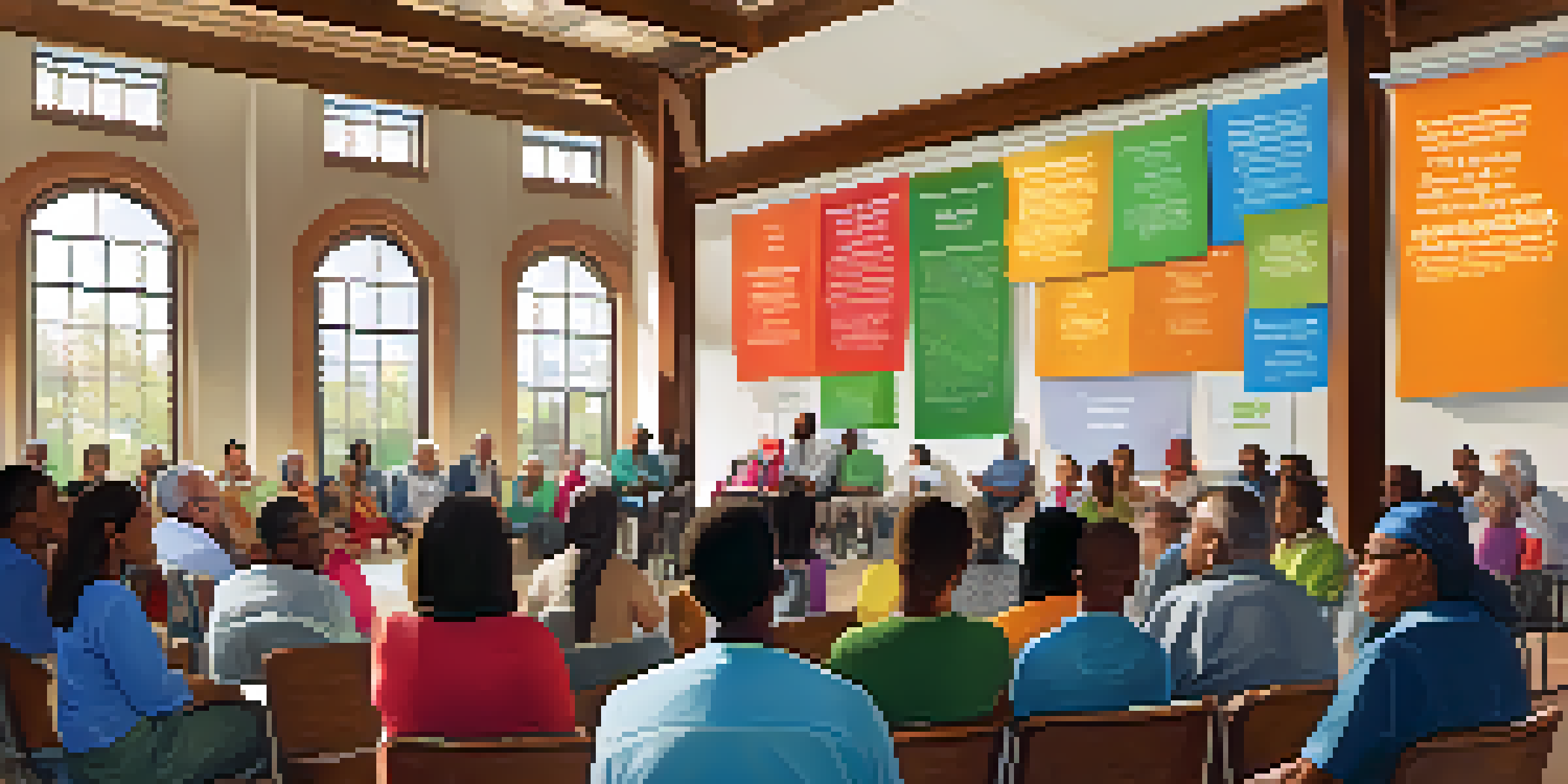 A diverse group of people participating in a community town hall meeting, discussing health initiatives with colorful banners in a bright community center.