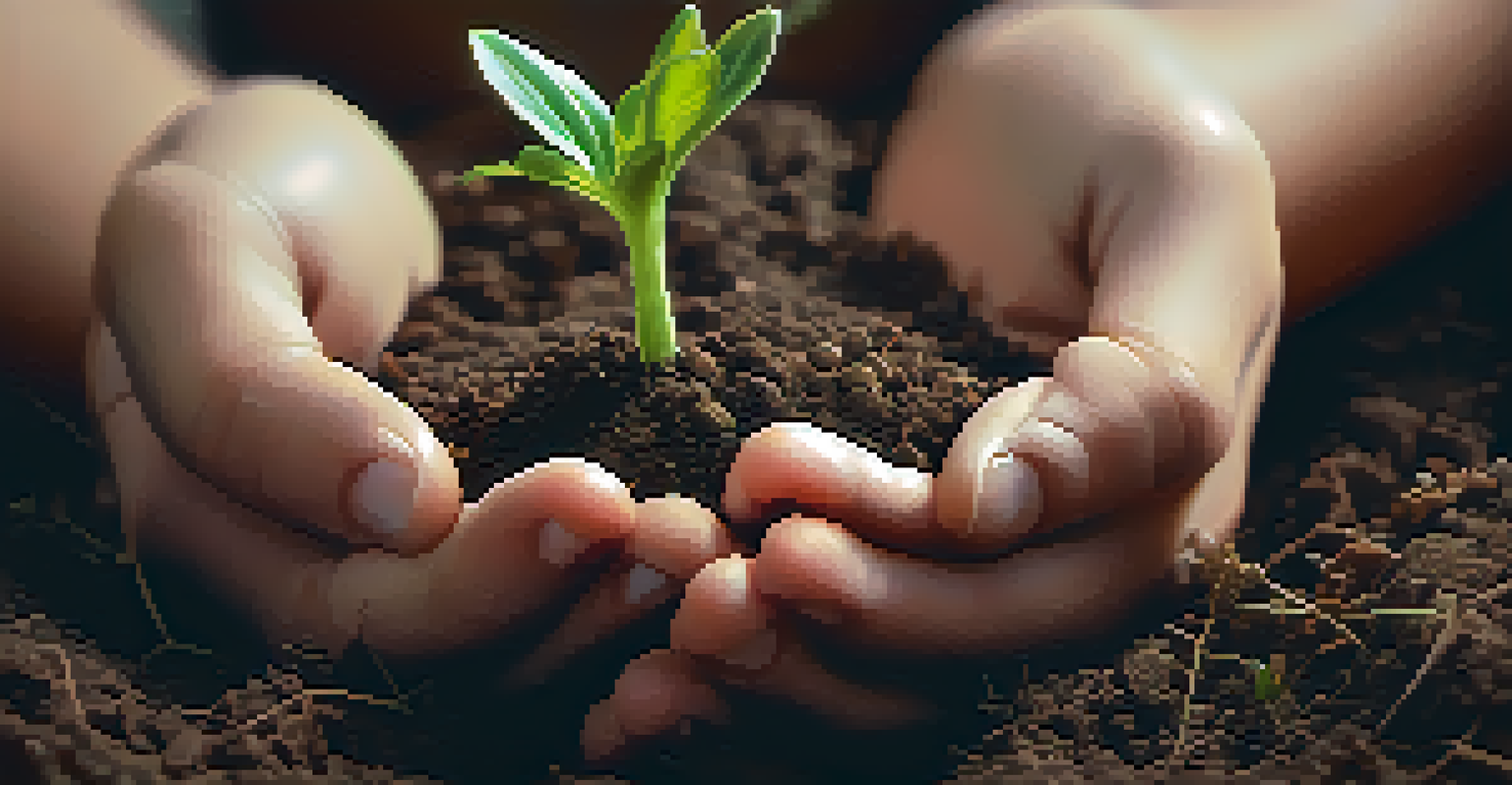 Two hands holding a small plant emerging from the soil, symbolizing growth and resilience, with soft natural lighting enhancing the textures.
