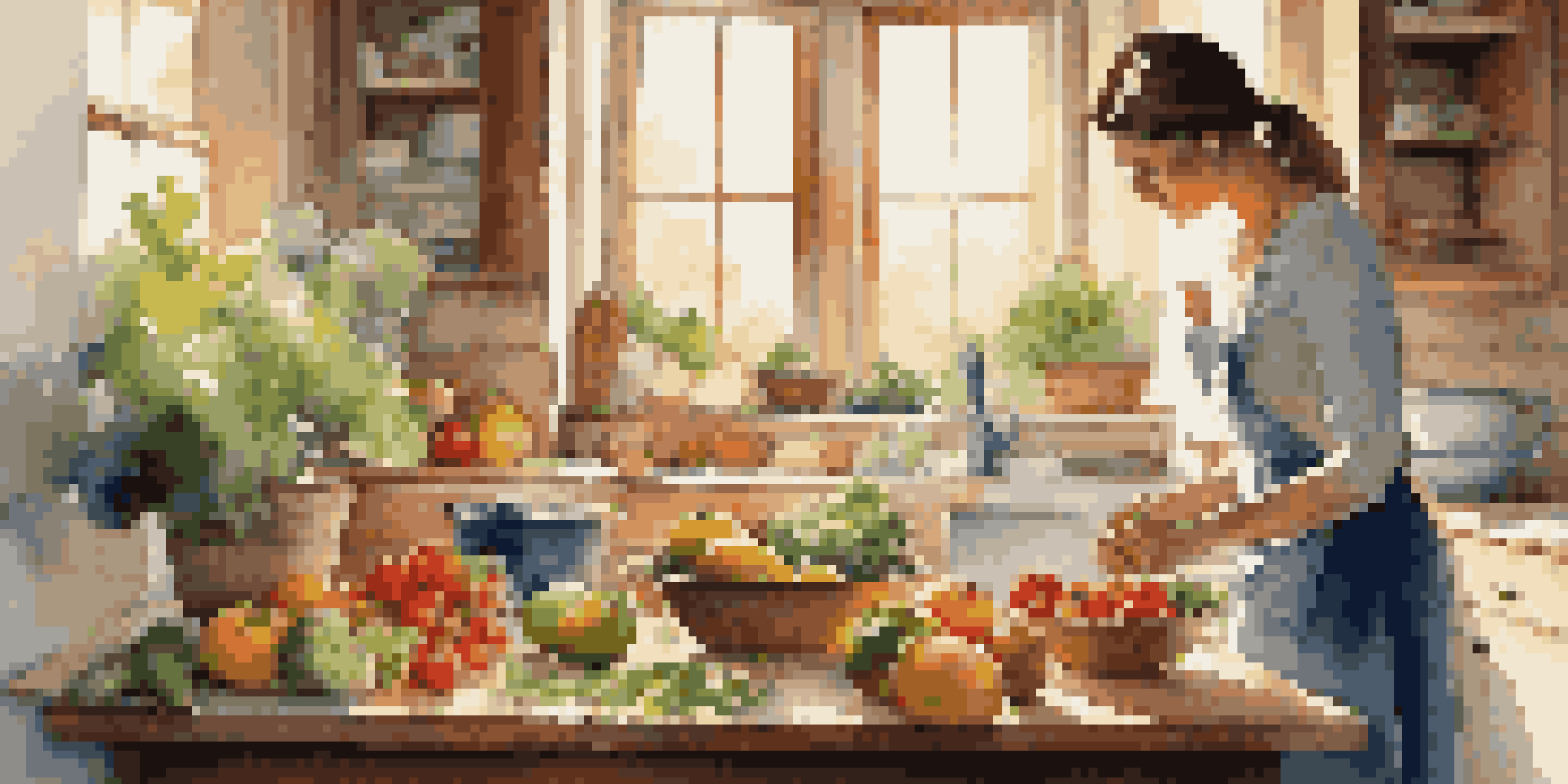 A woman cooking a healthy meal in a bright kitchen filled with fresh fruits and vegetables, illuminated by soft sunlight.