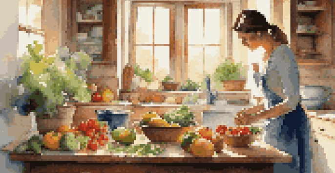 A woman cooking a healthy meal in a bright kitchen filled with fresh fruits and vegetables, illuminated by soft sunlight.