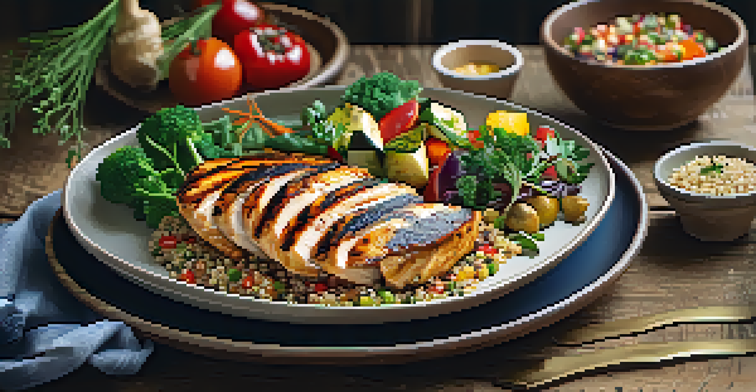 A close-up of a healthy meal with grilled chicken, quinoa, and vibrant vegetables arranged artistically on a rustic wooden table.