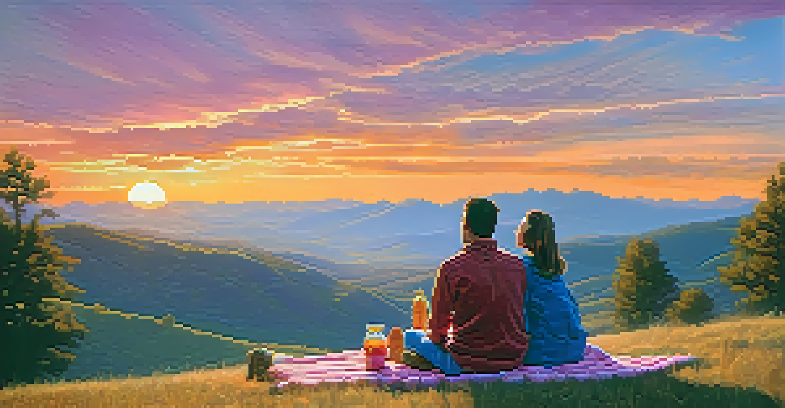 Two friends sitting on a hillside during sunset, sharing snacks and enjoying the view, with a colorful sky in the background.