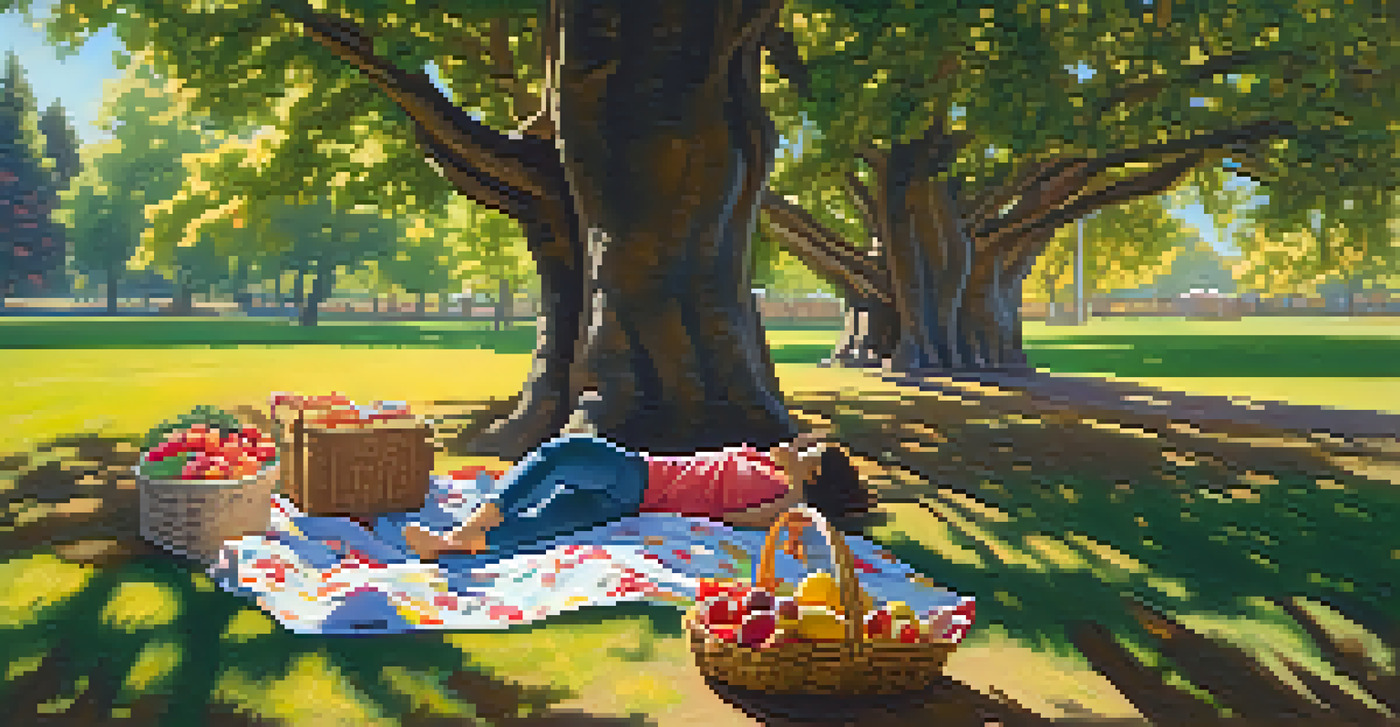 A person napping on a picnic blanket in a park under a tree, surrounded by flowers and a picnic basket.