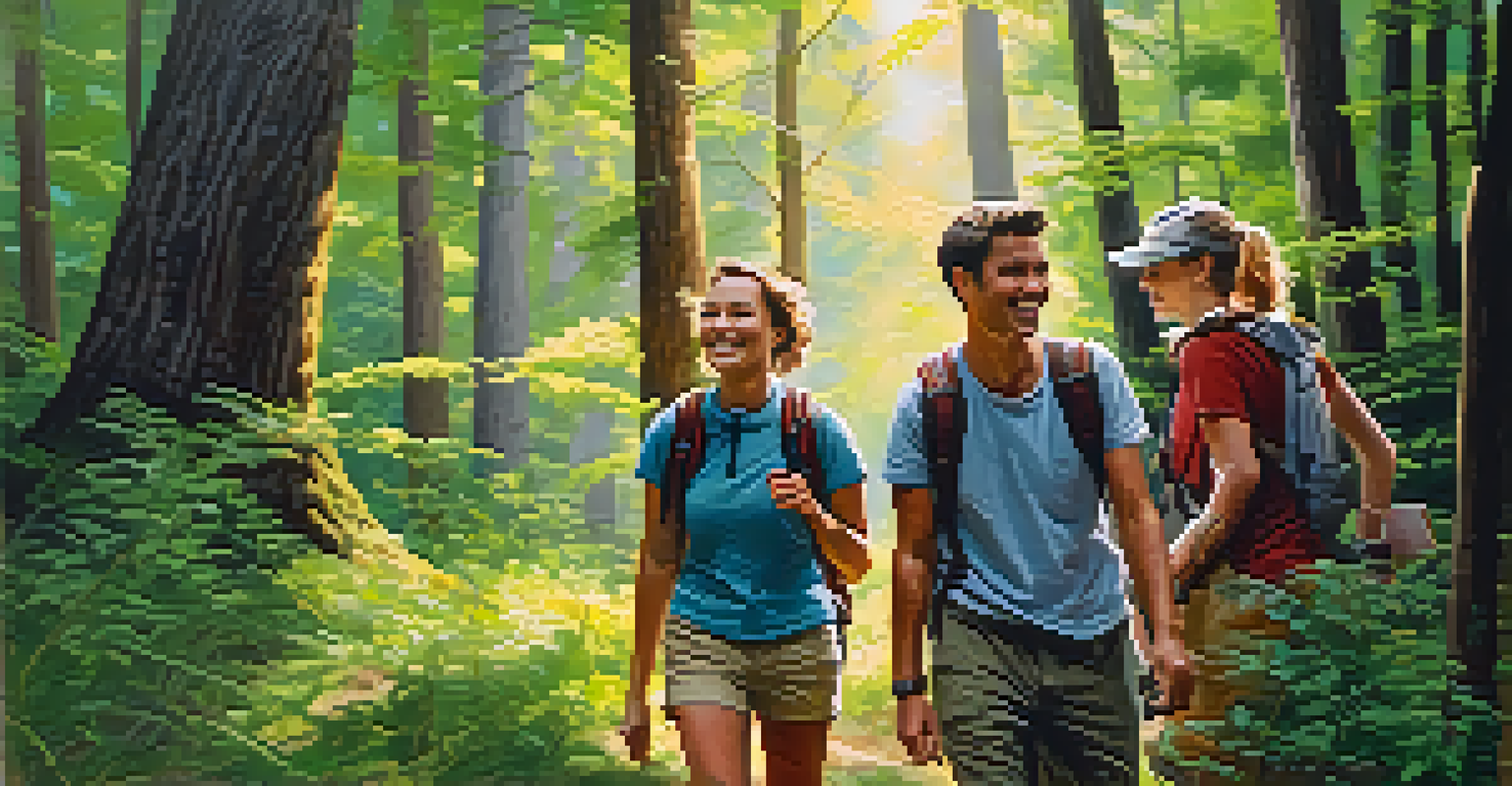 A group of friends hiking through a lush green forest trail, smiling and enjoying their adventure together.