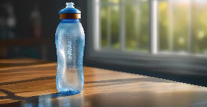 A close-up view of a water bottle on a wooden table with droplets, with a blurred athlete stretching in the background.