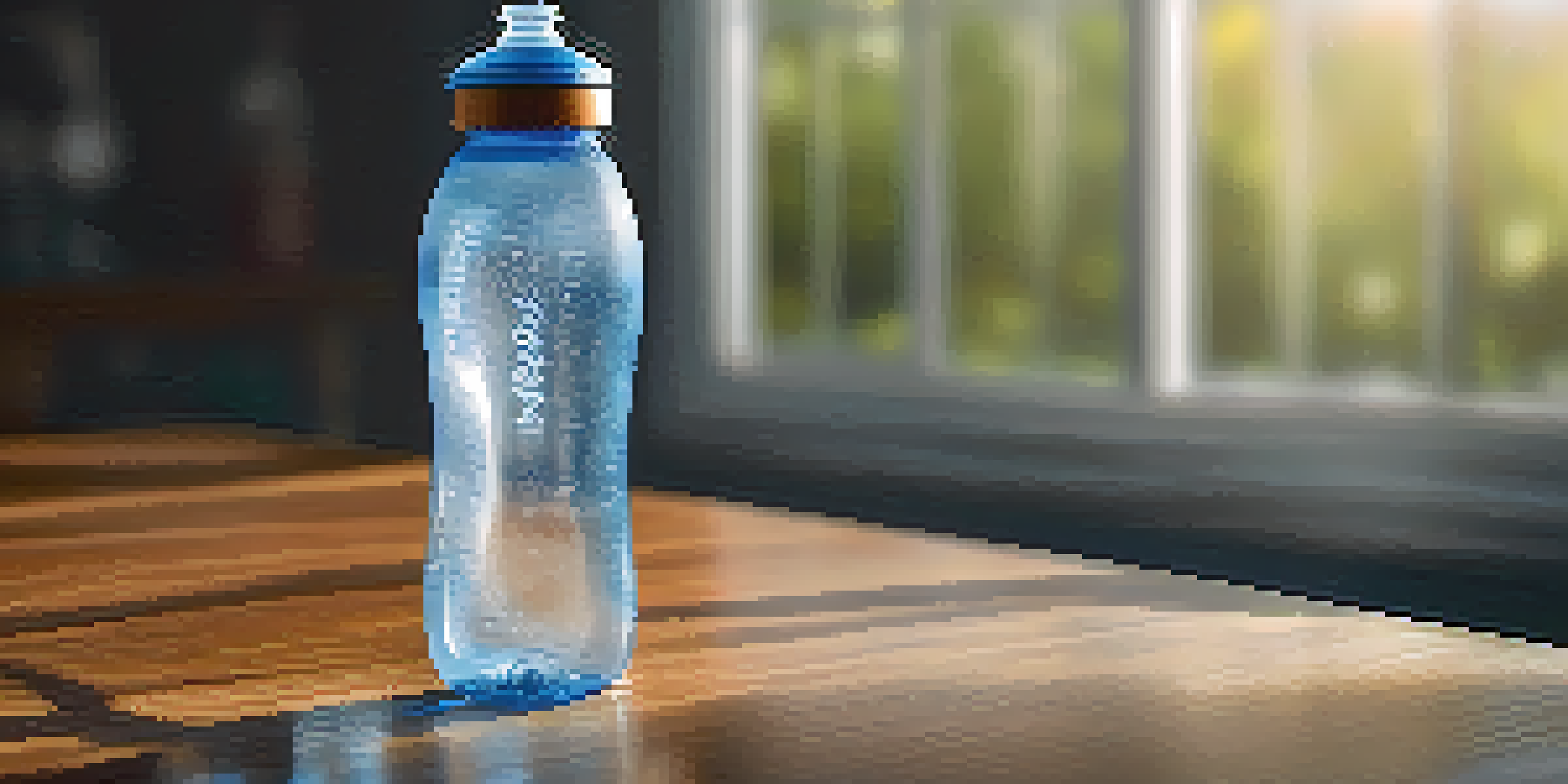 A close-up view of a water bottle on a wooden table with droplets, with a blurred athlete stretching in the background.
