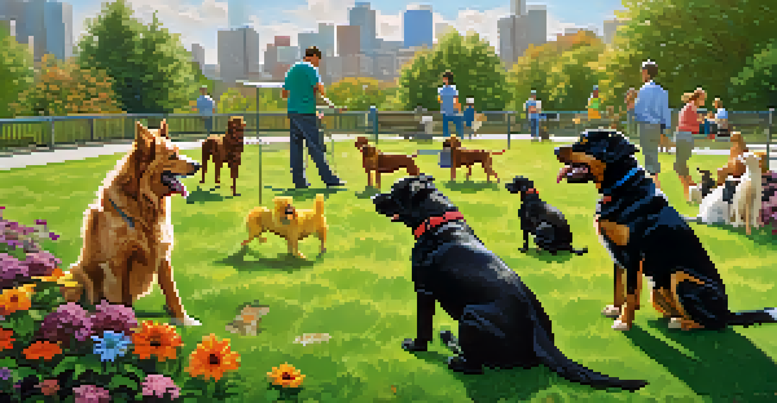 A lively dog park with dogs playing and owners chatting, illustrating social interaction and joy.