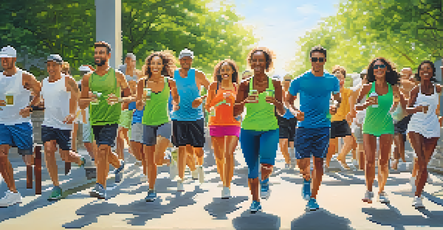 A group of diverse individuals exercising outdoors, some drinking green tea and others taking supplements, under bright sunlight.
