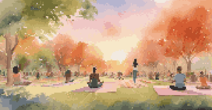 A community park at sunset filled with diverse people practicing self-care activities like yoga and meditation, surrounded by greenery and a warm sky.