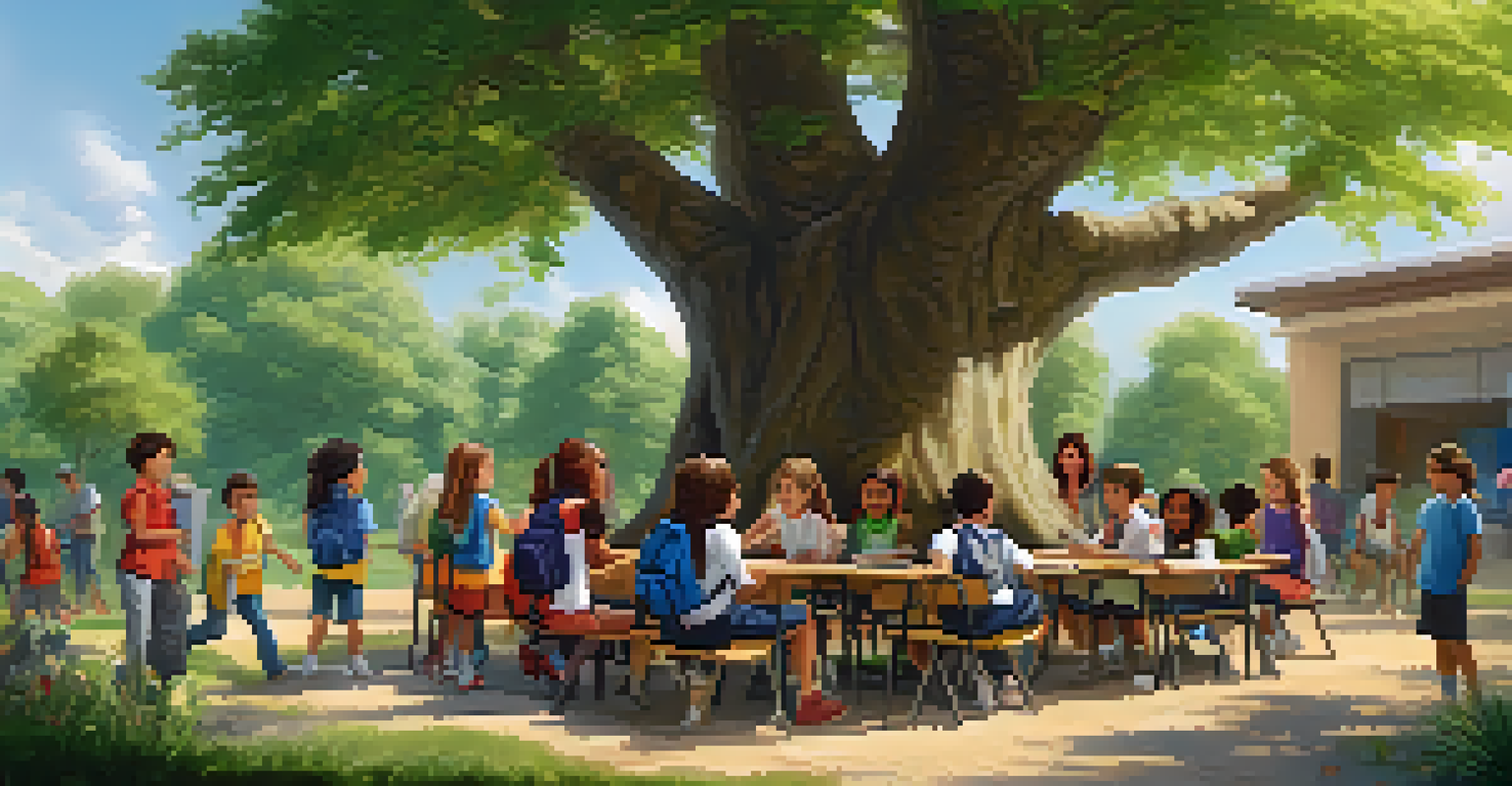 Students collaborating on a group project in an outdoor school setting, surrounded by greenery and smiling faces.
