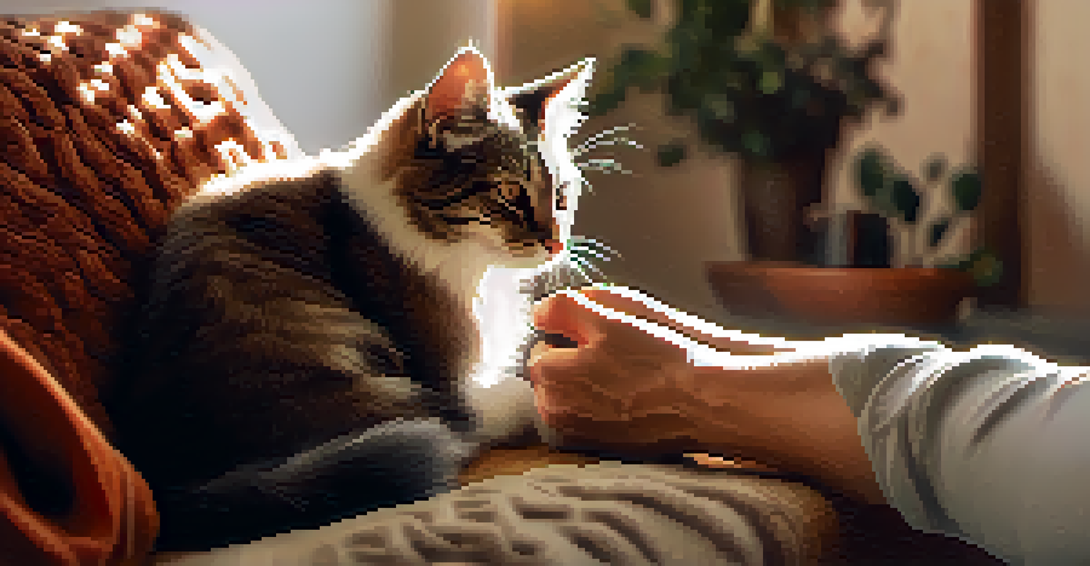 A close-up of hands petting a fluffy cat in a cozy living room with sunlight streaming through a window.