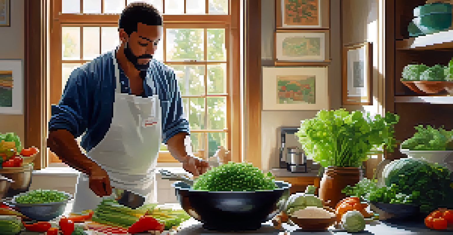 A chef in a cozy kitchen preparing a plant-based meal with quinoa and fresh vegetables, surrounded by fresh produce and cooking utensils.
