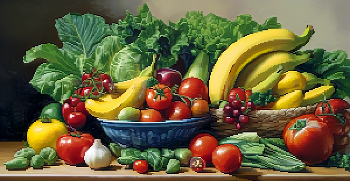 A colorful display of assorted fruits and vegetables on a wooden table, featuring greens, tomatoes, and bananas, illuminated by soft natural light.