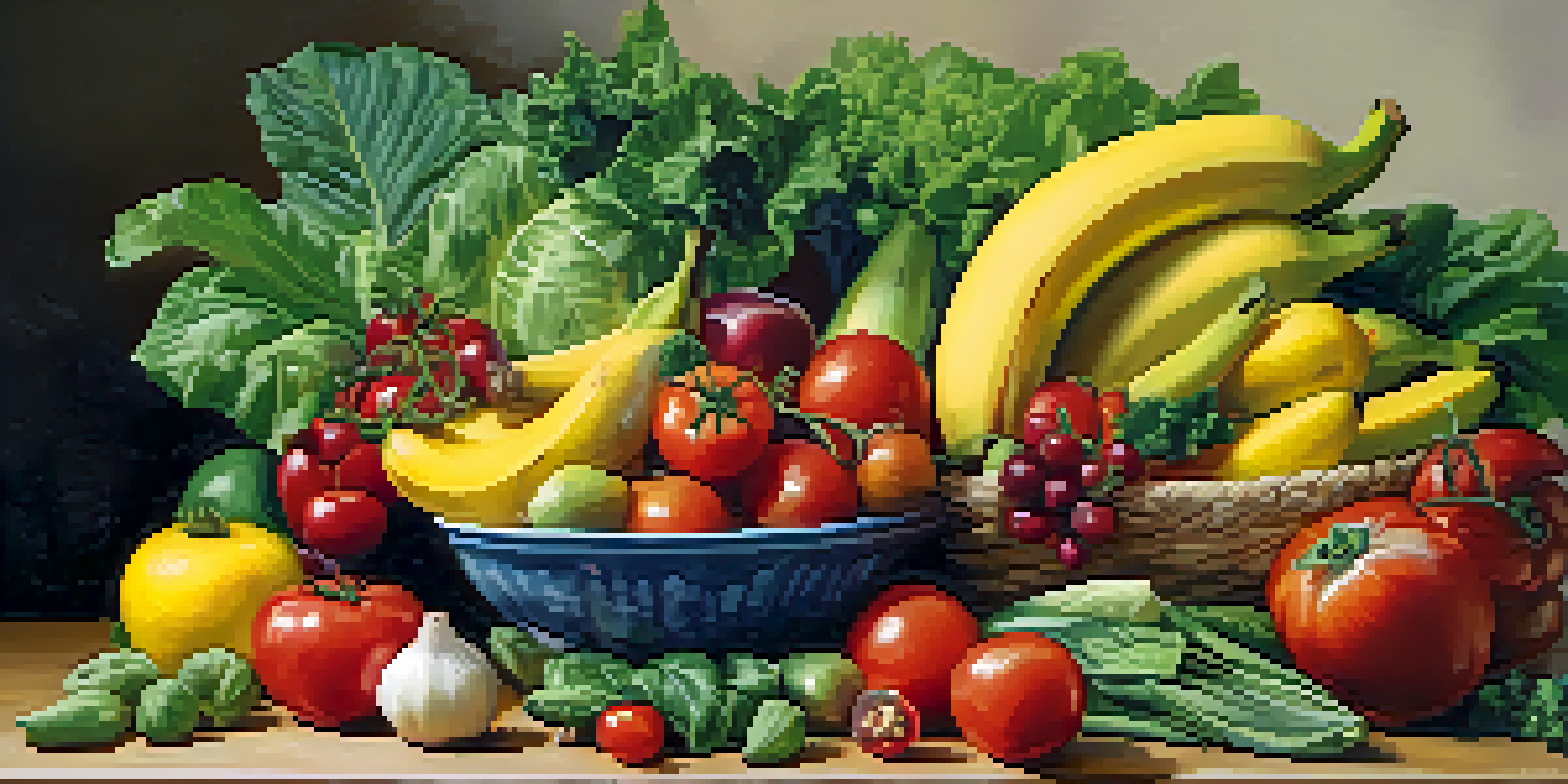 A colorful display of assorted fruits and vegetables on a wooden table, featuring greens, tomatoes, and bananas, illuminated by soft natural light.