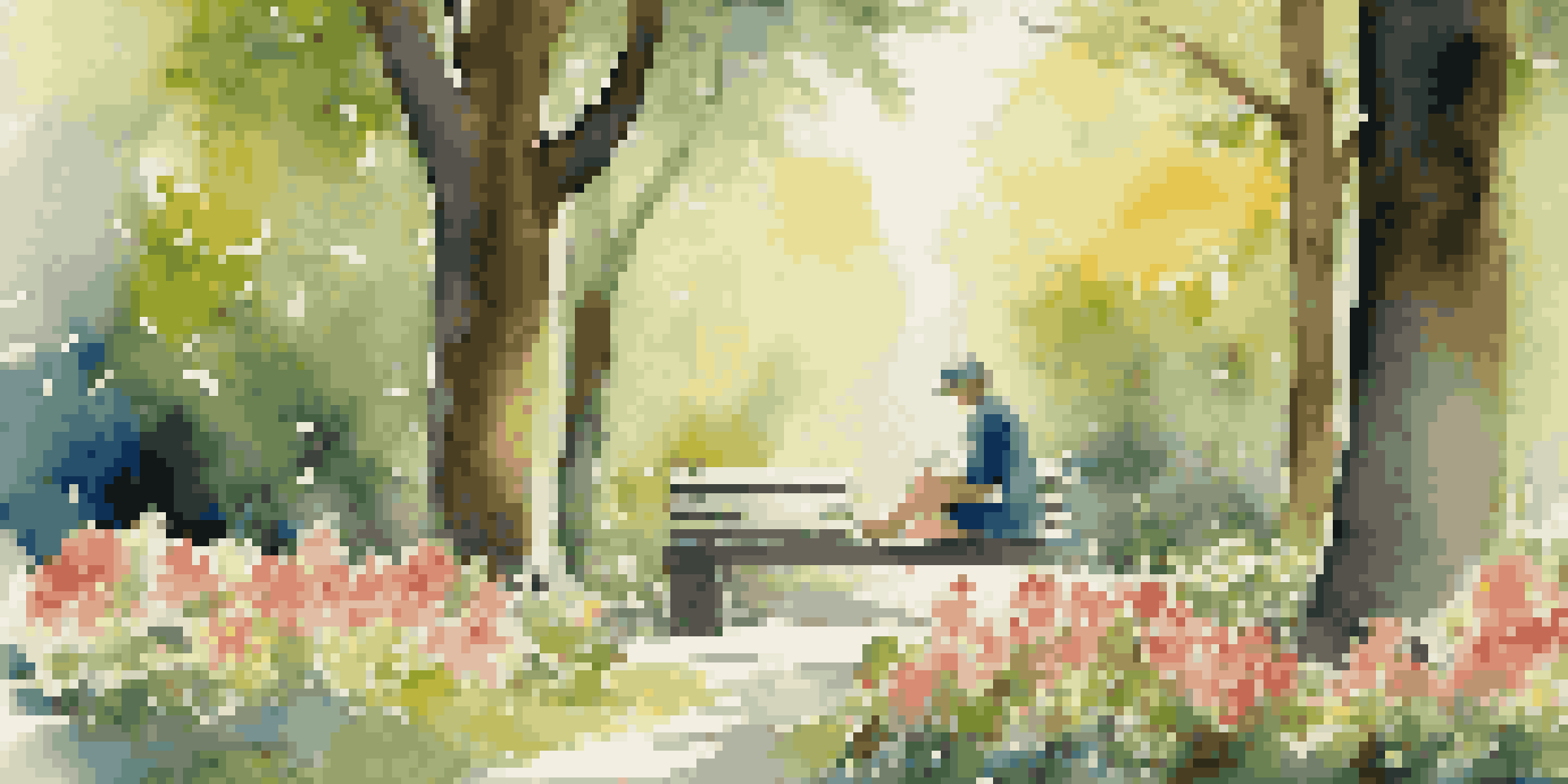 A person sitting on a bench in a park, journaling with a cup of tea, surrounded by flowers and trees with sunlight filtering through the leaves.